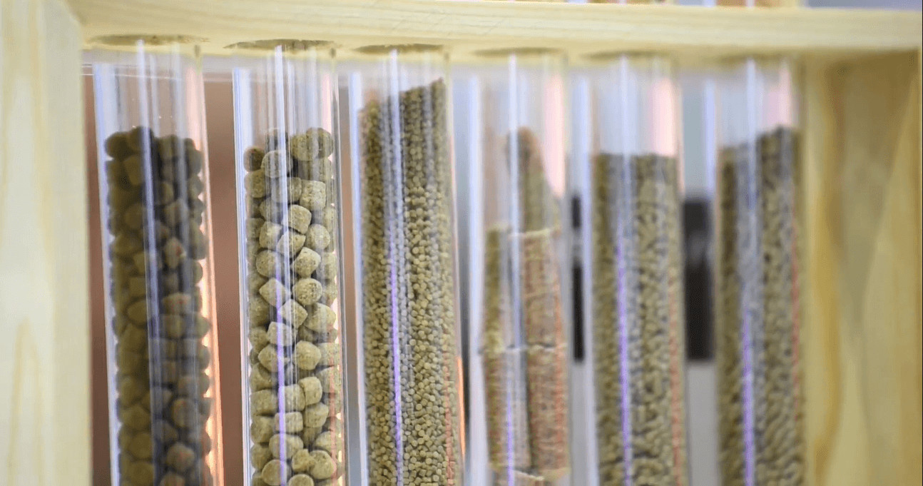 Feed pellets in test tubes